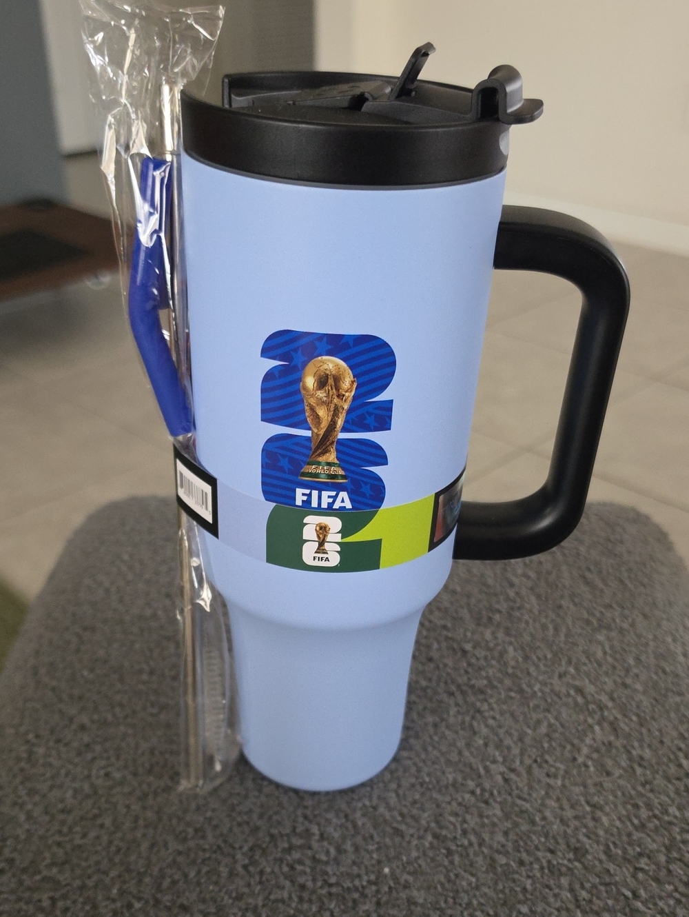 Light Blue Travel Mug with Handle and Lid